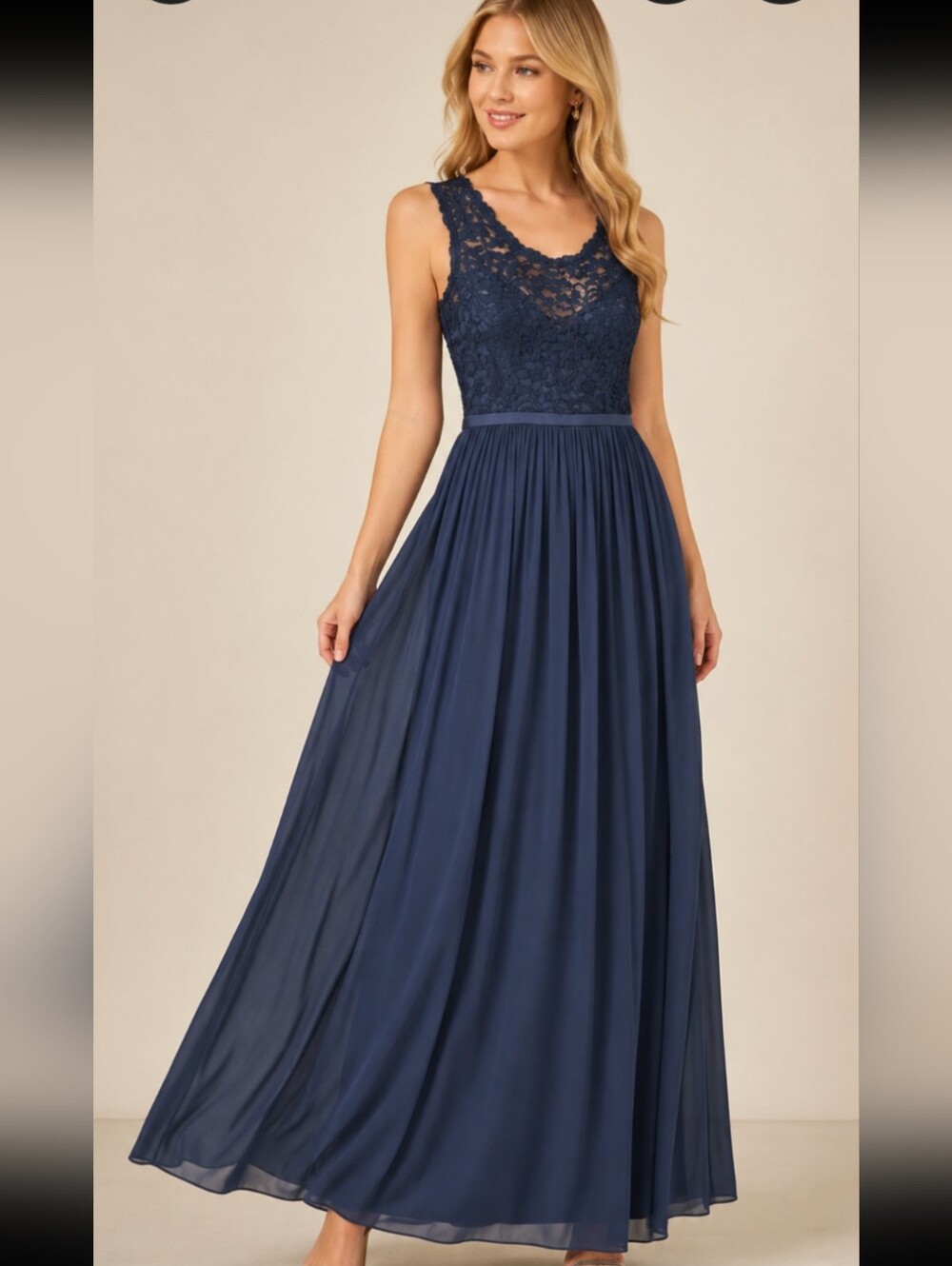 David's Bridal F19328 Marine Blue Lace Chiffon Bridesmaid Dress Size 4